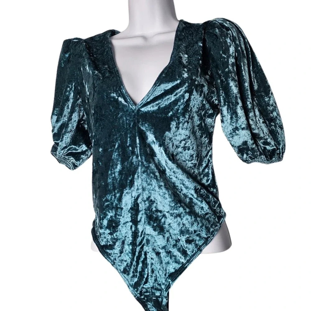 NWT Intimately Free People Dont You‎ Wish Velvet Bodysuit XS Teal Puff Sleeve
